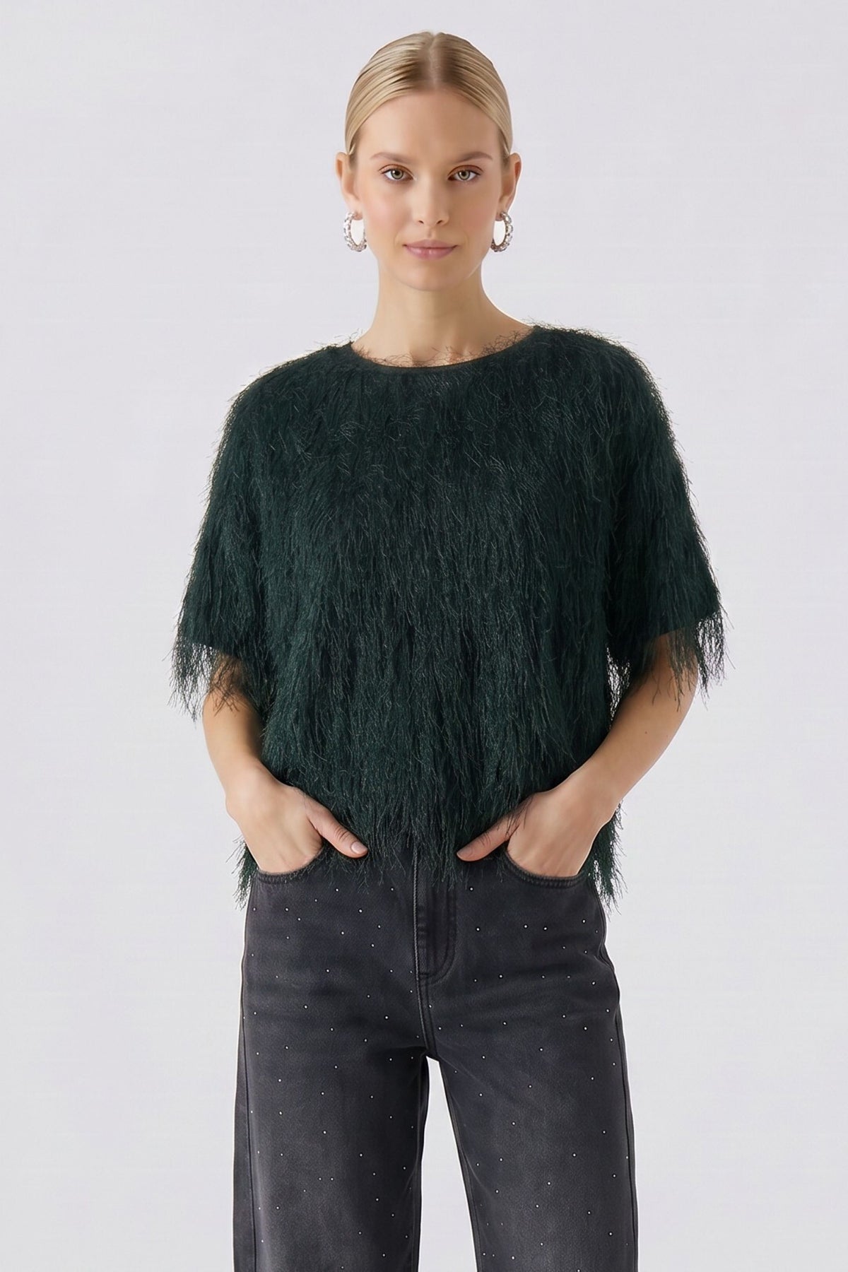 Oui Scarab Green eyelash fringe elbow sleeve top – front model view