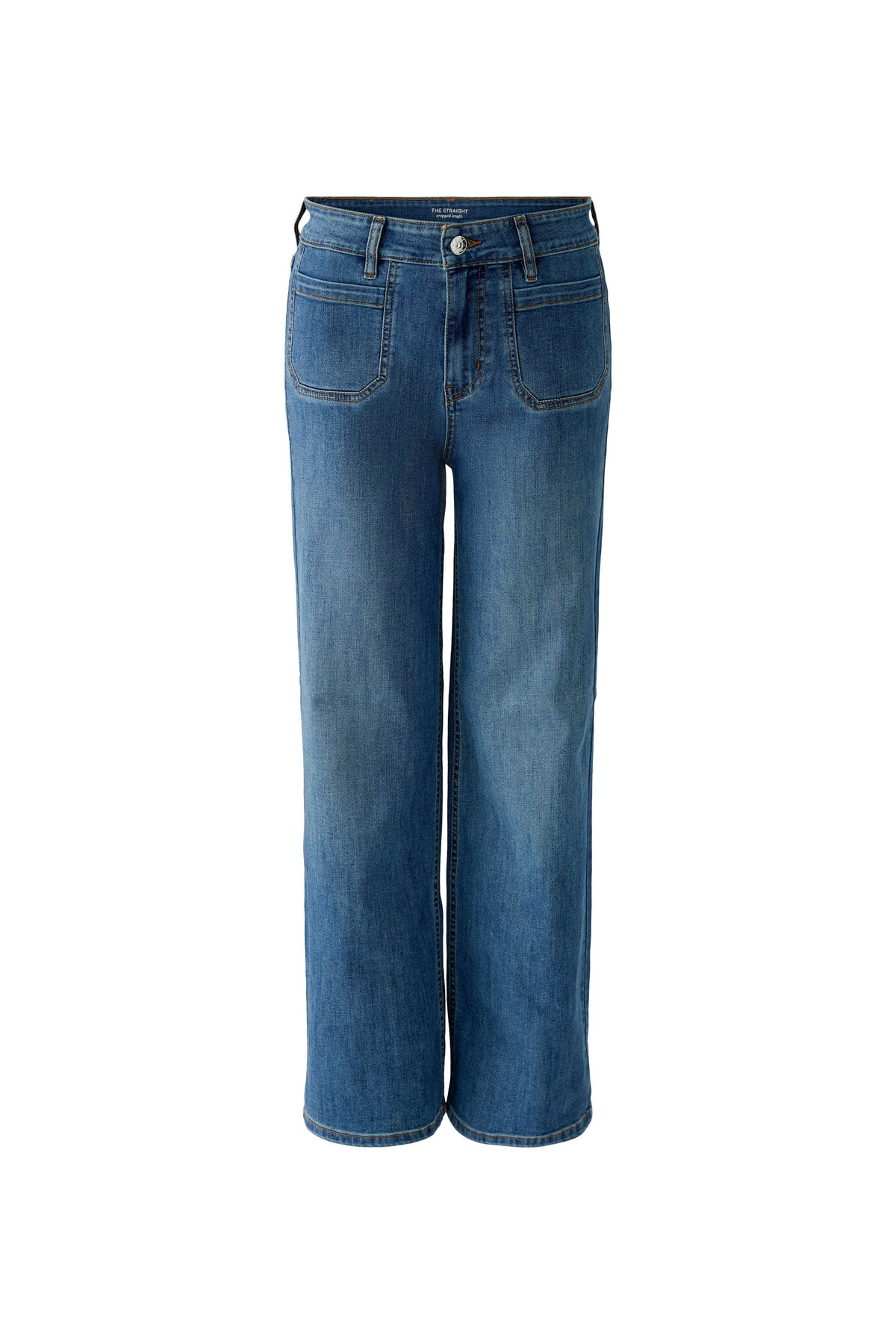 Oui bright blue denim straight leg jeans with front patch pockets – product front view