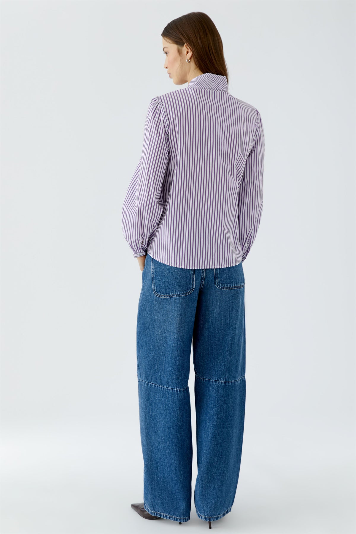 Oui violet and white striped blouse – back model view
