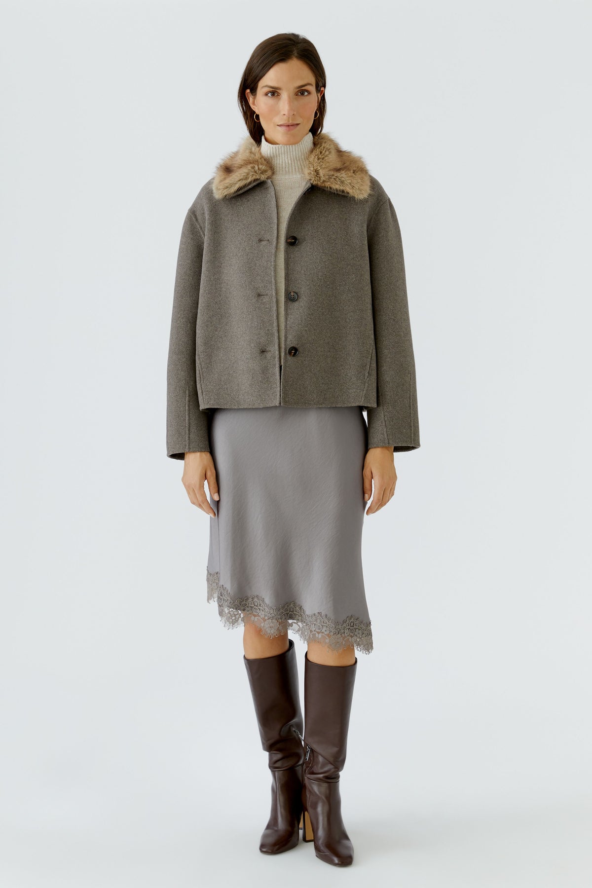 Oui taupe melange short wool jacket styled with midi skirt – full outfit view
