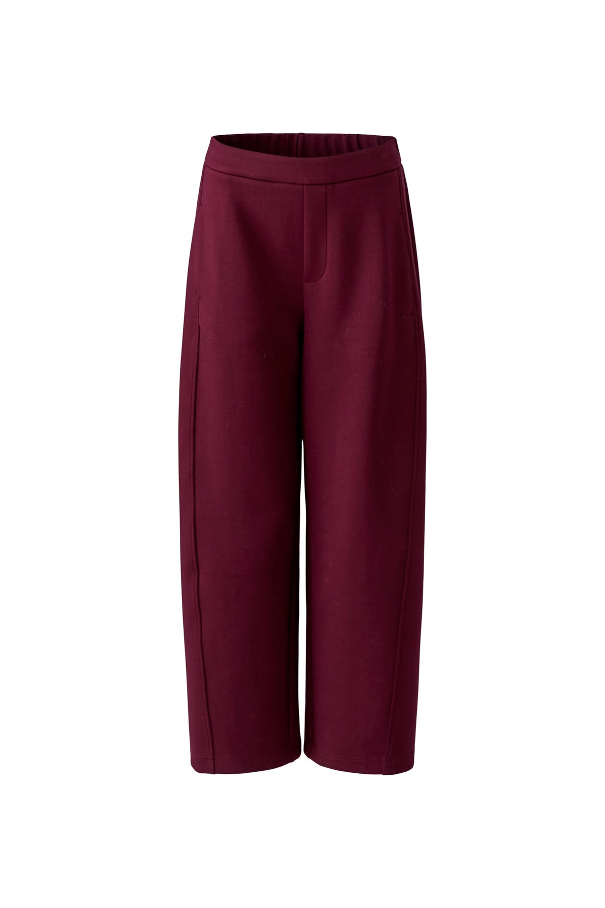 Oui burgundy wide leg jersey trousers with clean waistband – product front view