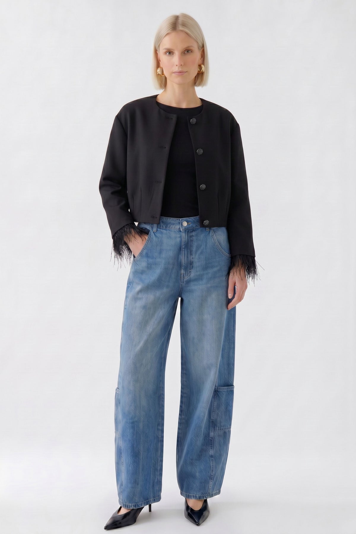Oui black cropped crepe jacket – full model view with denim