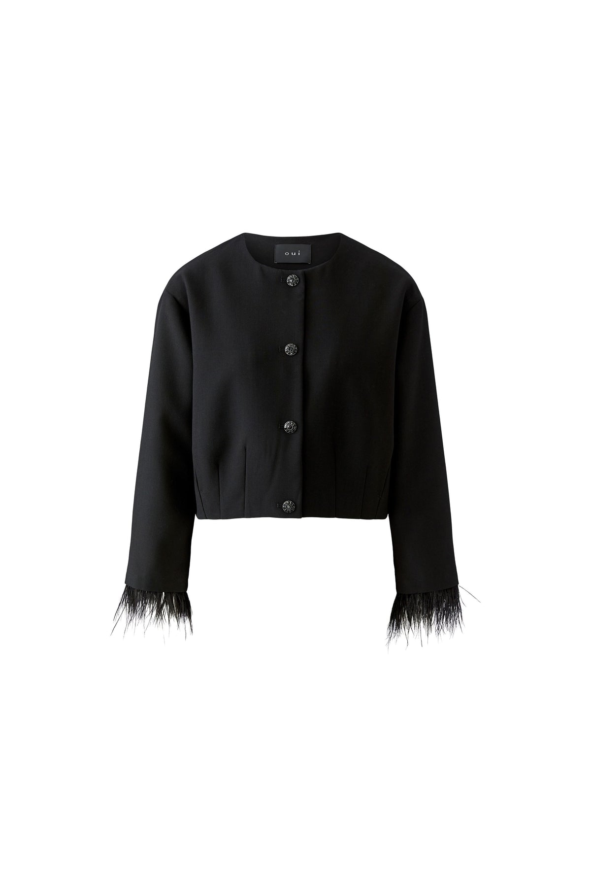 Oui black cropped feather trim jacket – product-only front view