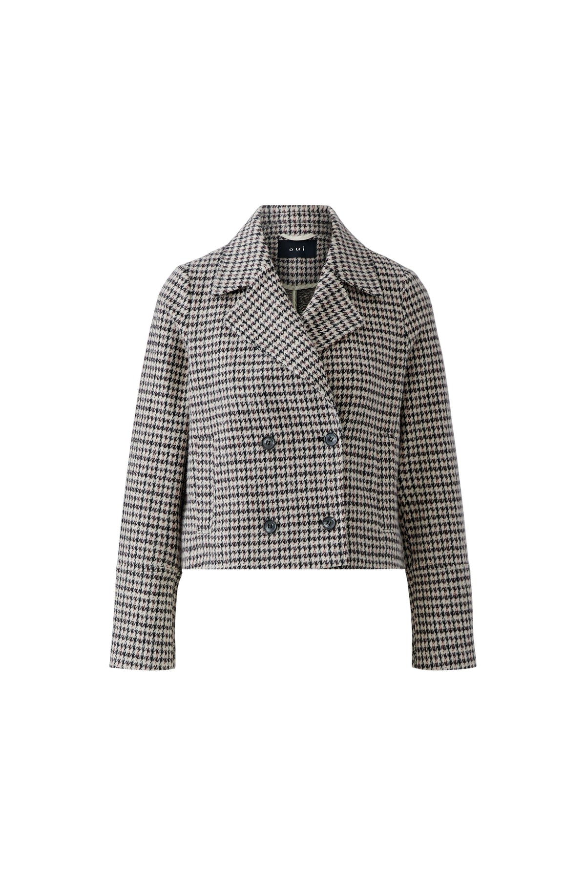 Oui brown and stone double-breasted houndstooth blazer – product front view