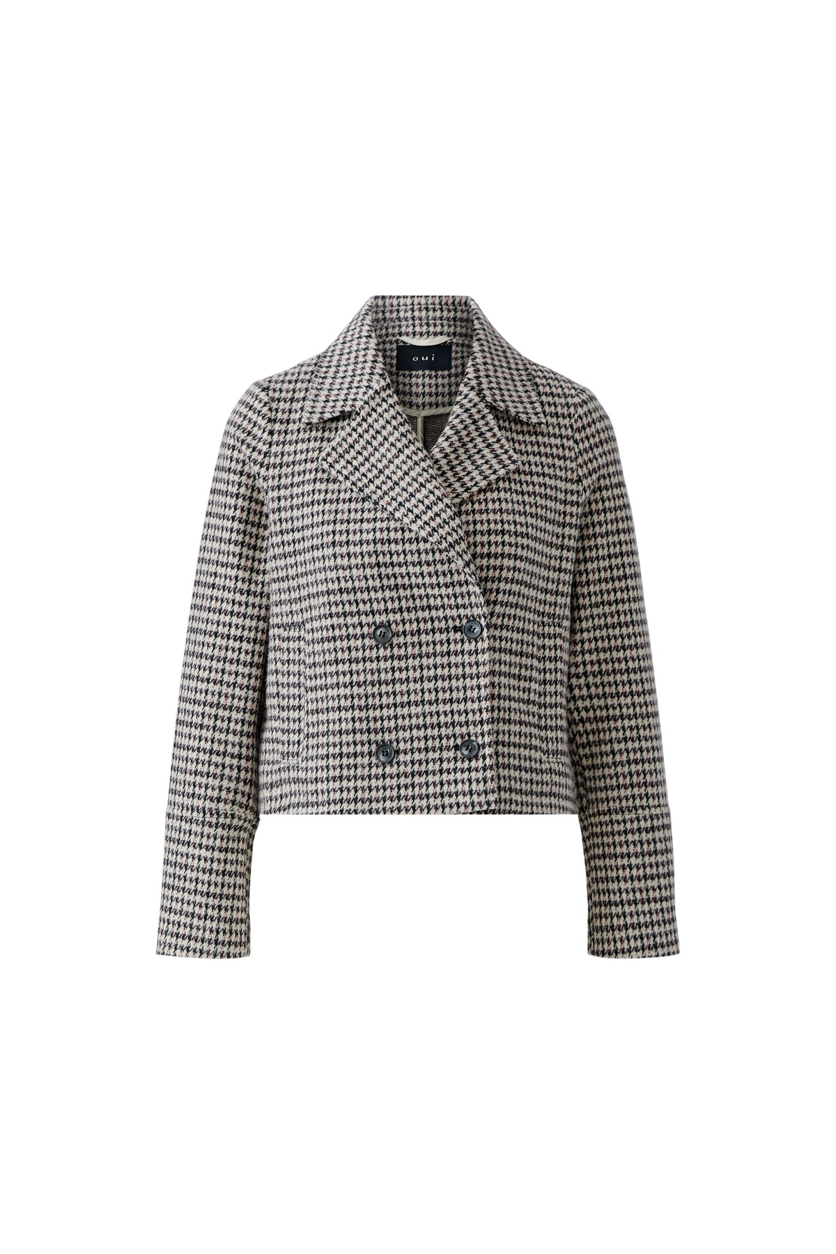 Oui brown and stone double-breasted houndstooth blazer – product front view