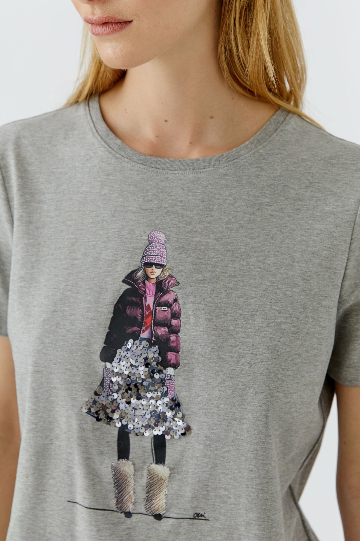 Oui River Stone grey T-shirt – fashion girl graphic detail