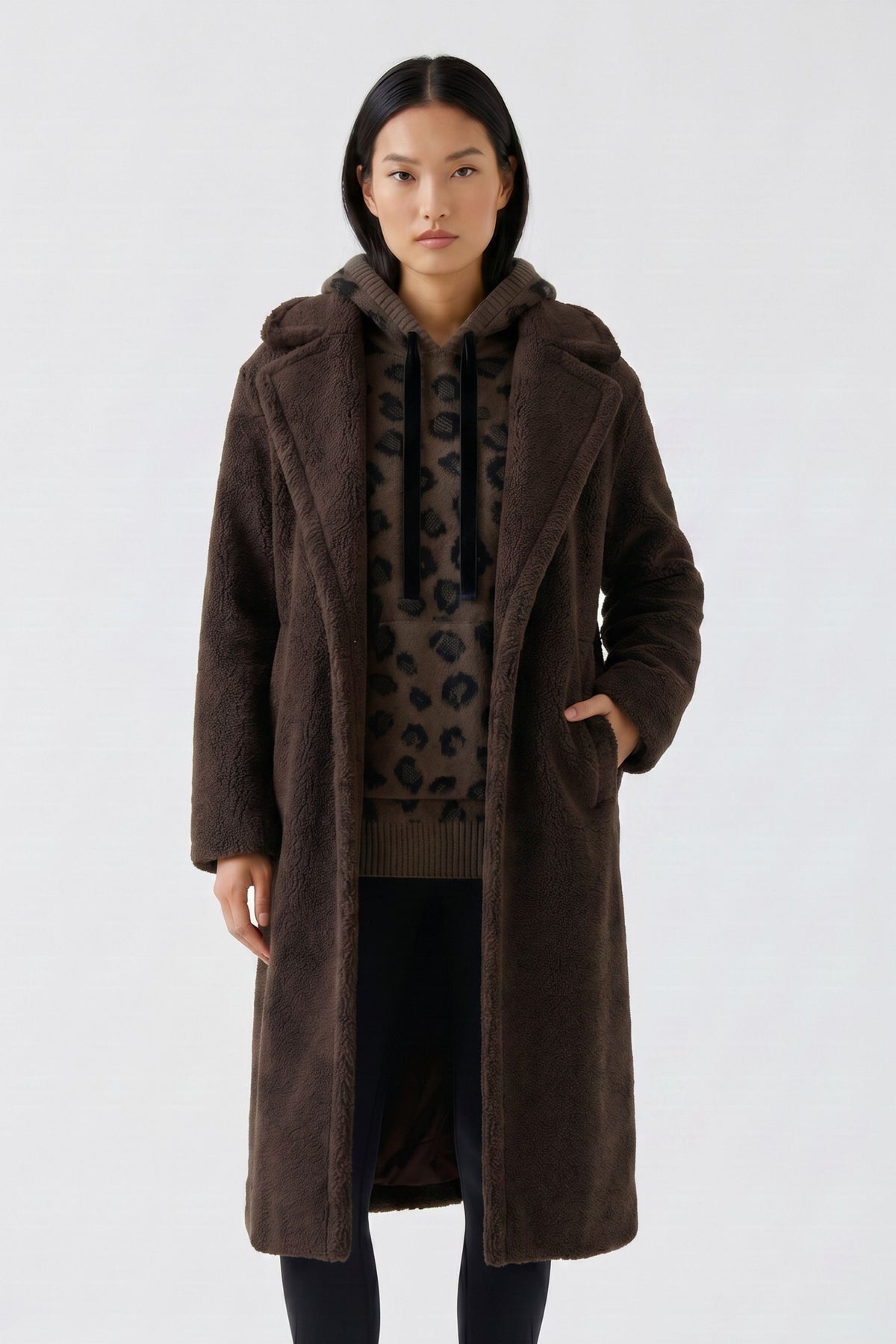 Oui brown longline teddy coat with lapel collar – front model view