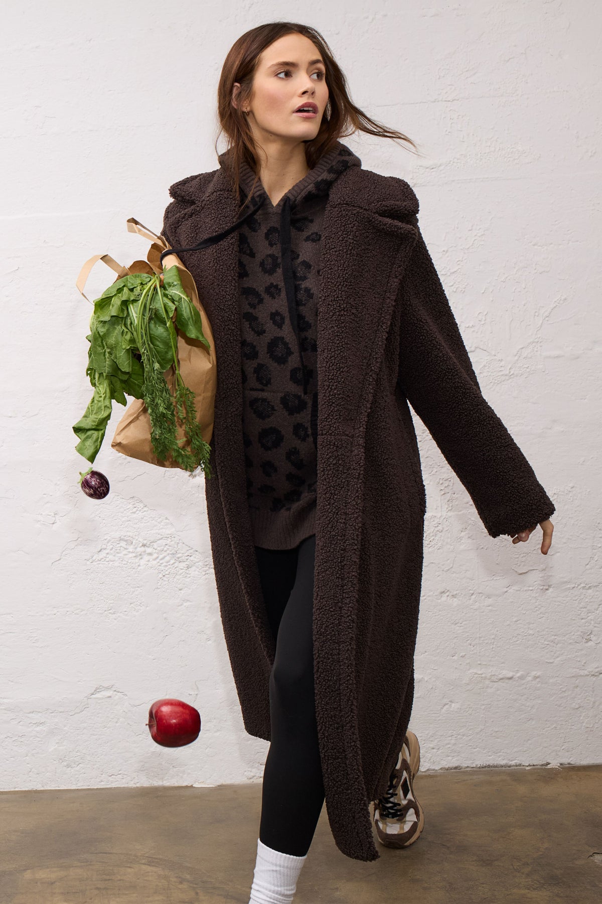 Oui brown teddy coat worn over layered winter outfit – lifestyle model view