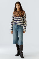 Oui Stripe Leopard Print Jumper in ecru with navy stripes and camel leopard yoke
