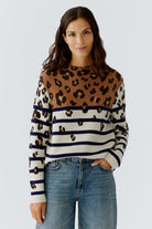 Oui Stripe Leopard Print Jumper — front view in ecru with navy stripes and camel leopard yoke