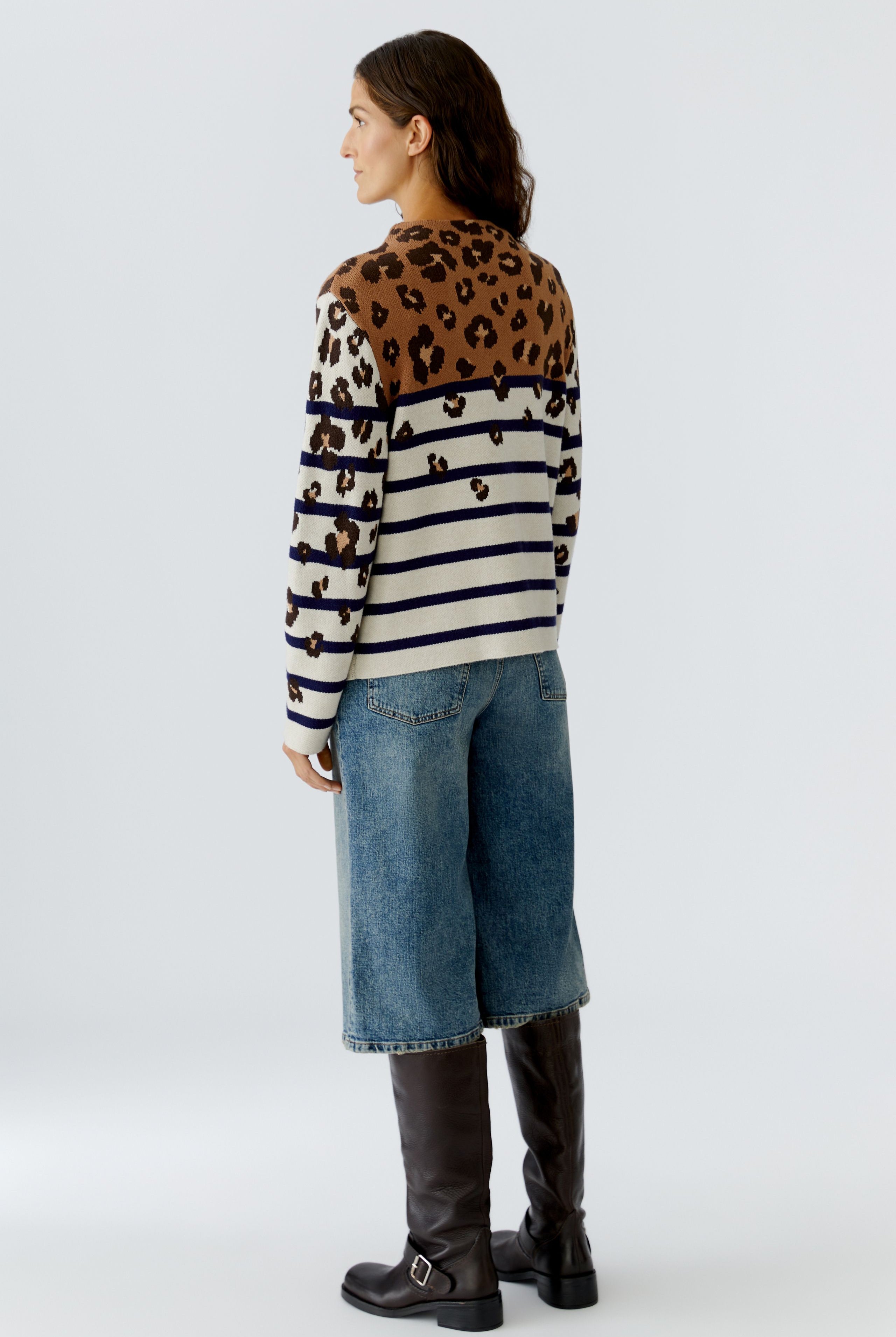 Oui Stripe Leopard Print Jumper — back view with straight hem