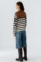 Oui Stripe Leopard Print Jumper — back view with straight hem