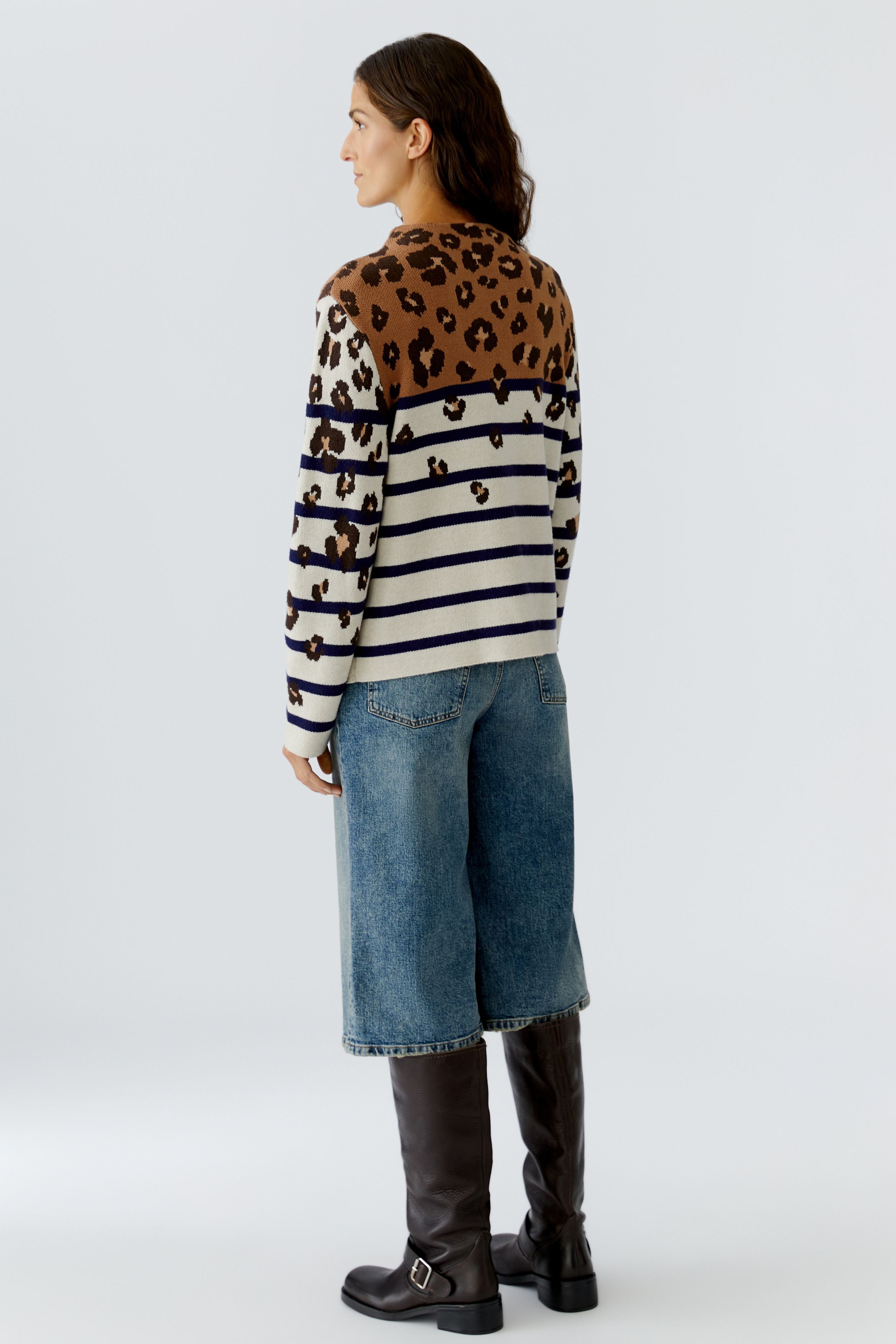 Oui Stripe Leopard Print Jumper — back view with straight hem