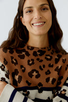 Oui Stripe Leopard Print Jumper — crew neck and jacquard knit close-up