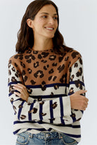 Oui Stripe Leopard Print Jumper — sleeve and cuff detail