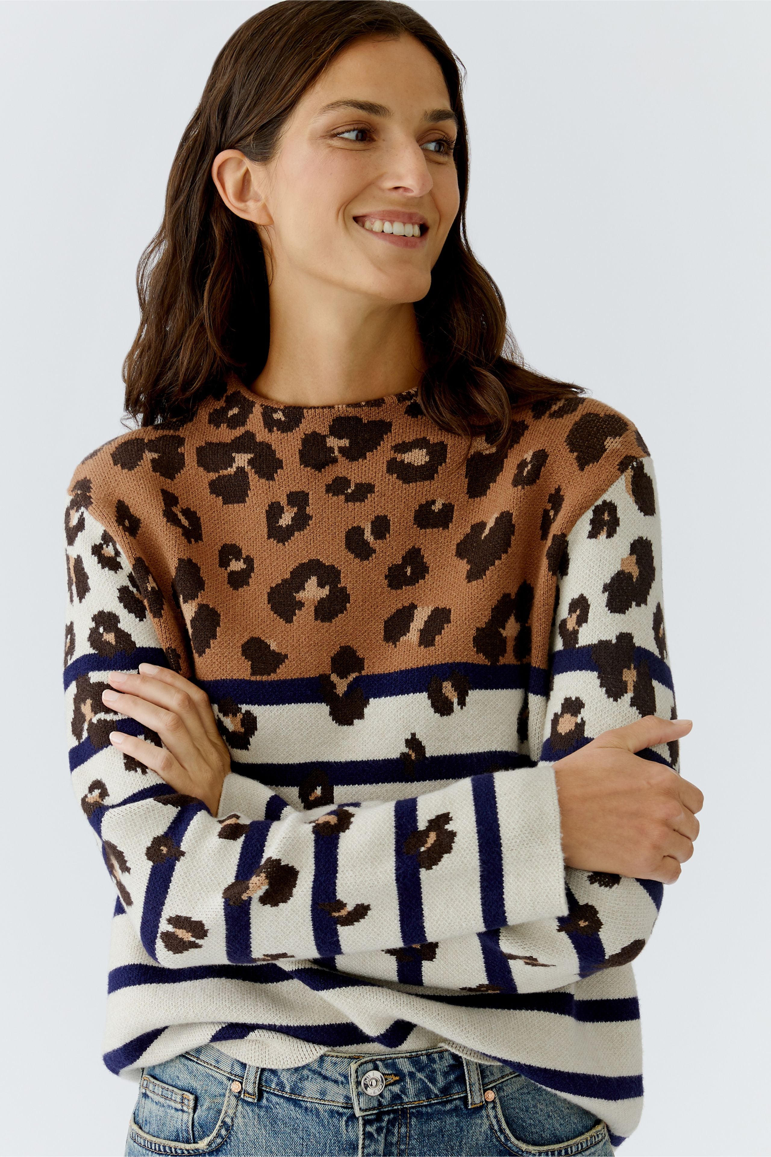 Oui Stripe Leopard Print Jumper — sleeve and cuff detail
