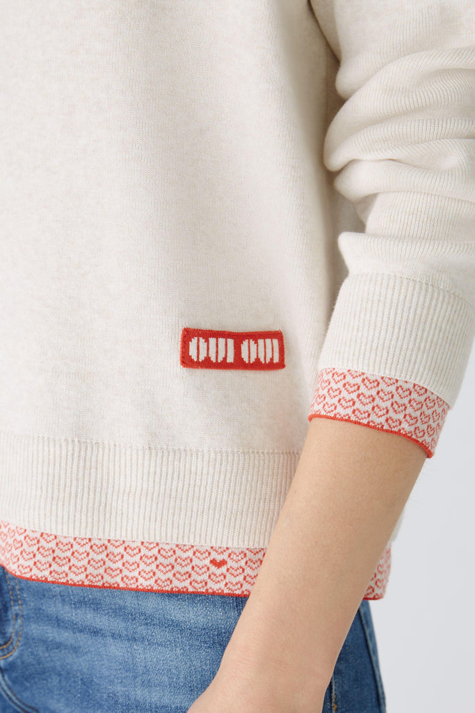 Oui Red/White Boat Neck Jumper With Herat Print Trim
