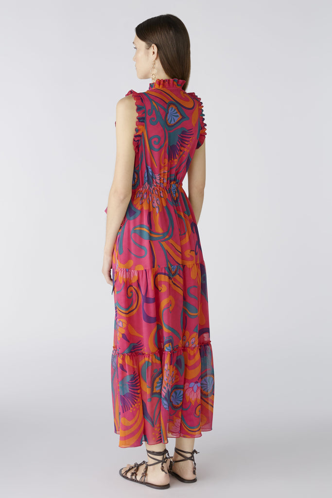 Oui Pink/Orange Abstract Floral Chiffon Maxi Dress From Back 