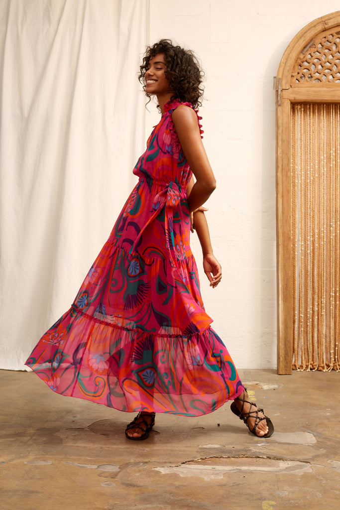 Oui Pink/Orange Abstract Floral Print Chiffon Maxi Dress
