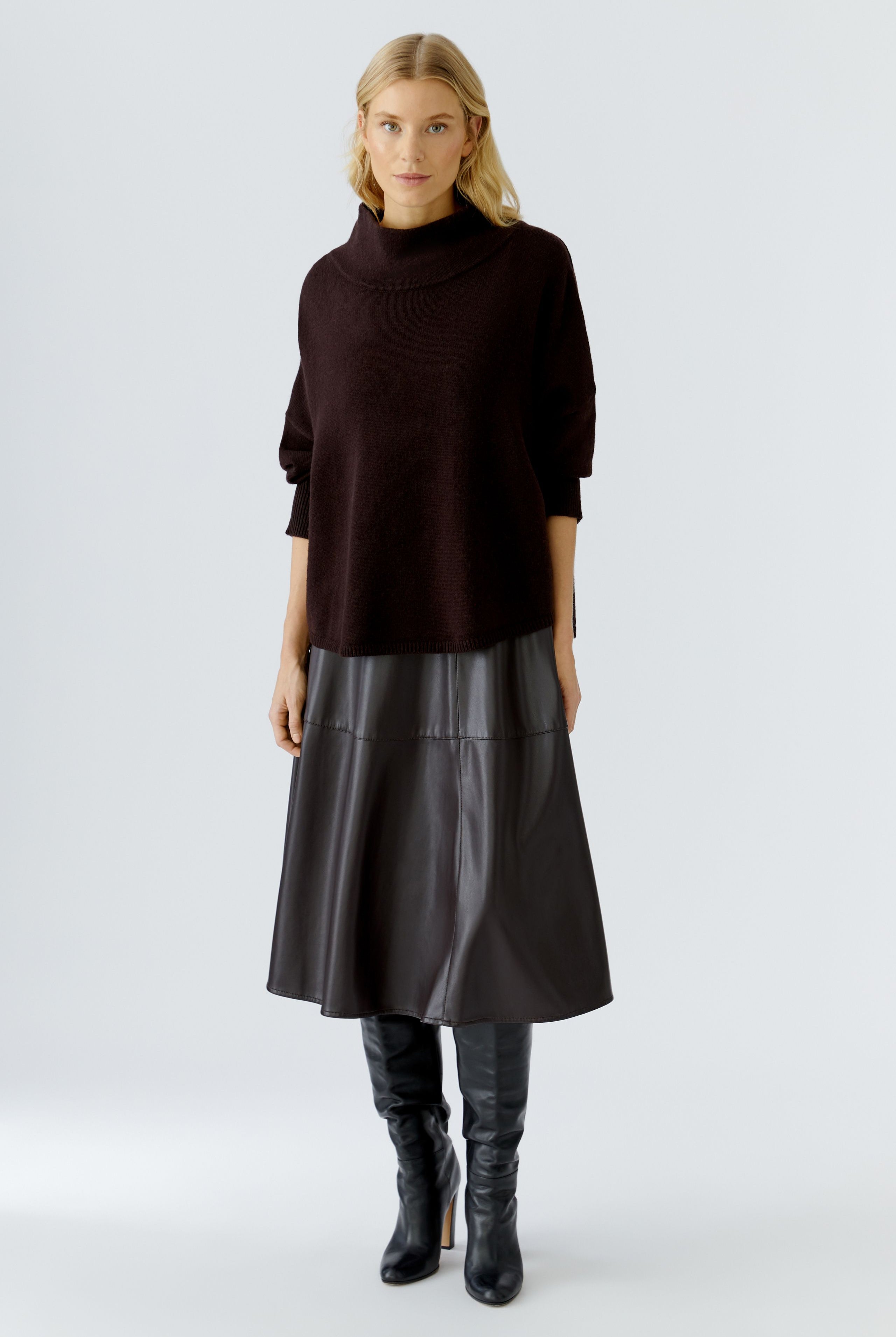 Oui chocolate brown faux-leather A-line midi skirt — front view