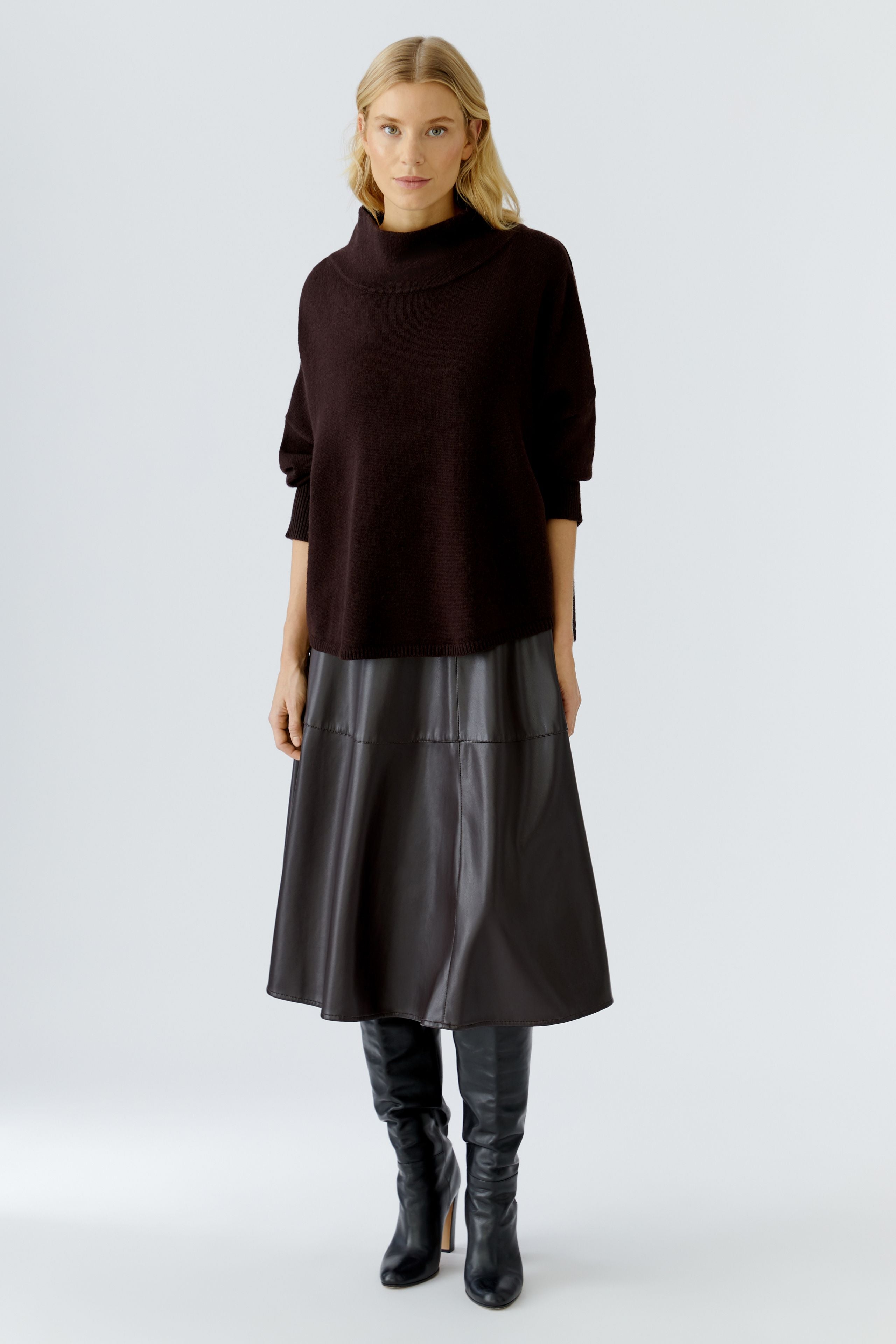 Oui chocolate brown faux-leather A-line midi skirt — front view