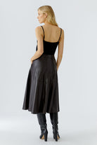 Oui dark brown faux-leather A-line midi skirt — back view with zip