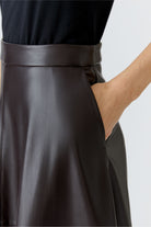 Oui chocolate faux-leather A-line long midi skirt — pocket close-up