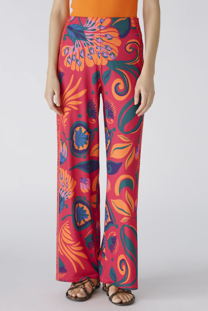 Oui Pink/Orange Silky Touch Floral Print Wide Leg Trousers