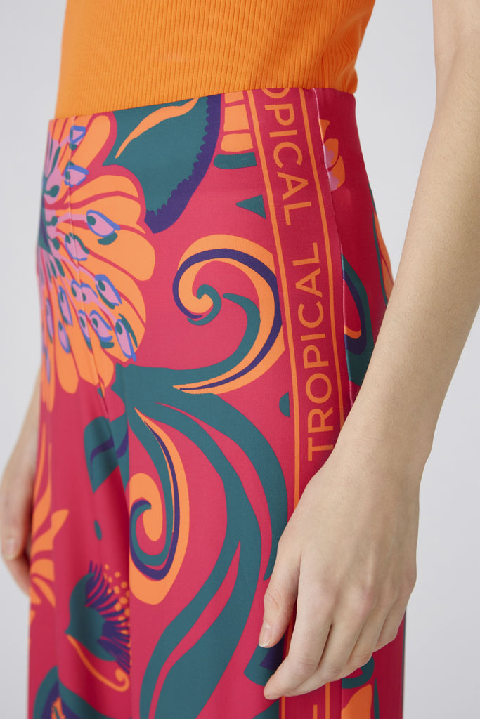 Oui Pink/Orange Silky Touch Tropical Print Wide Leg Trousers