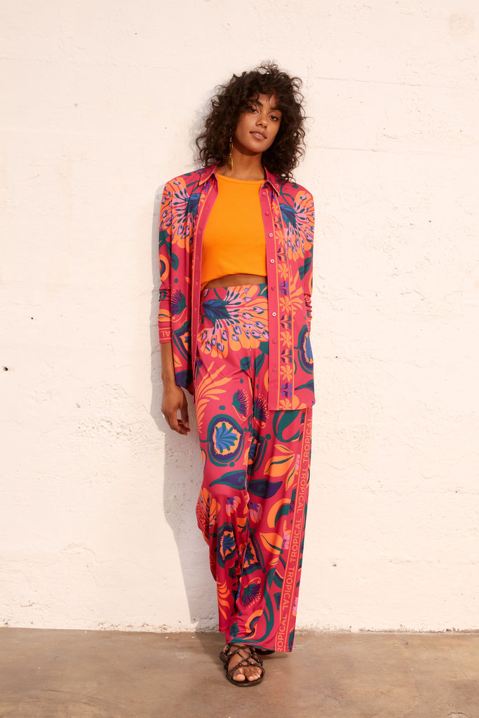 Oui Pink/Orange Silky Touch Tropical Floral Wide Leg Trousers