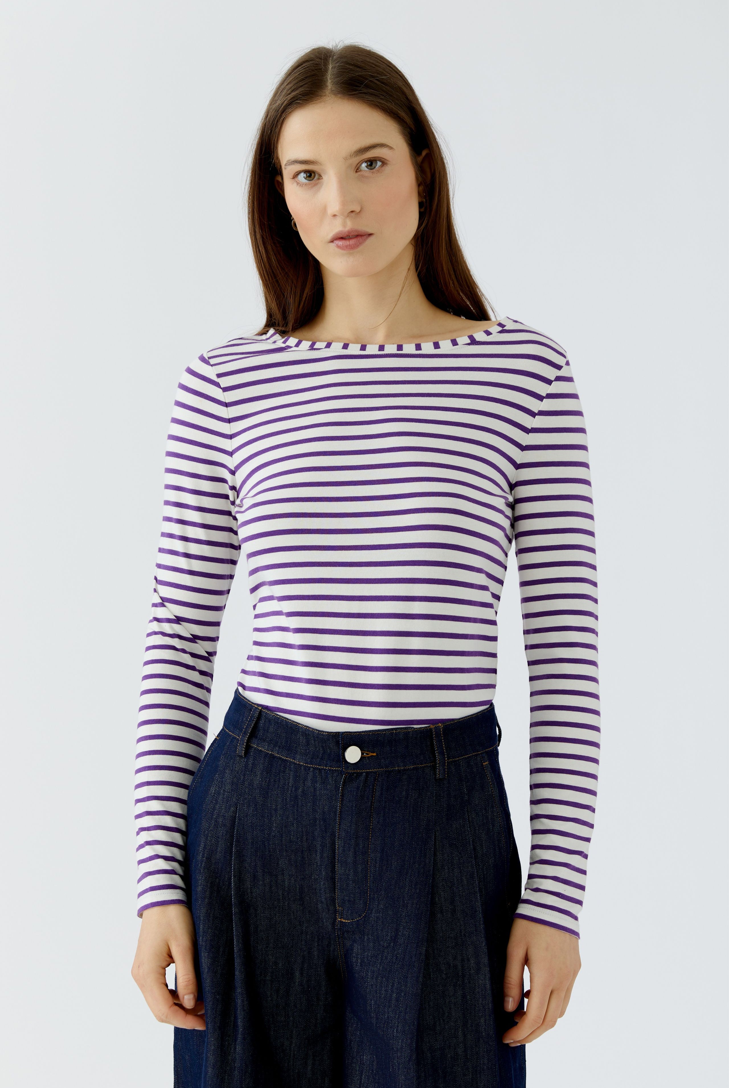 Oui Sumiko purple and white striped long sleeve top front view