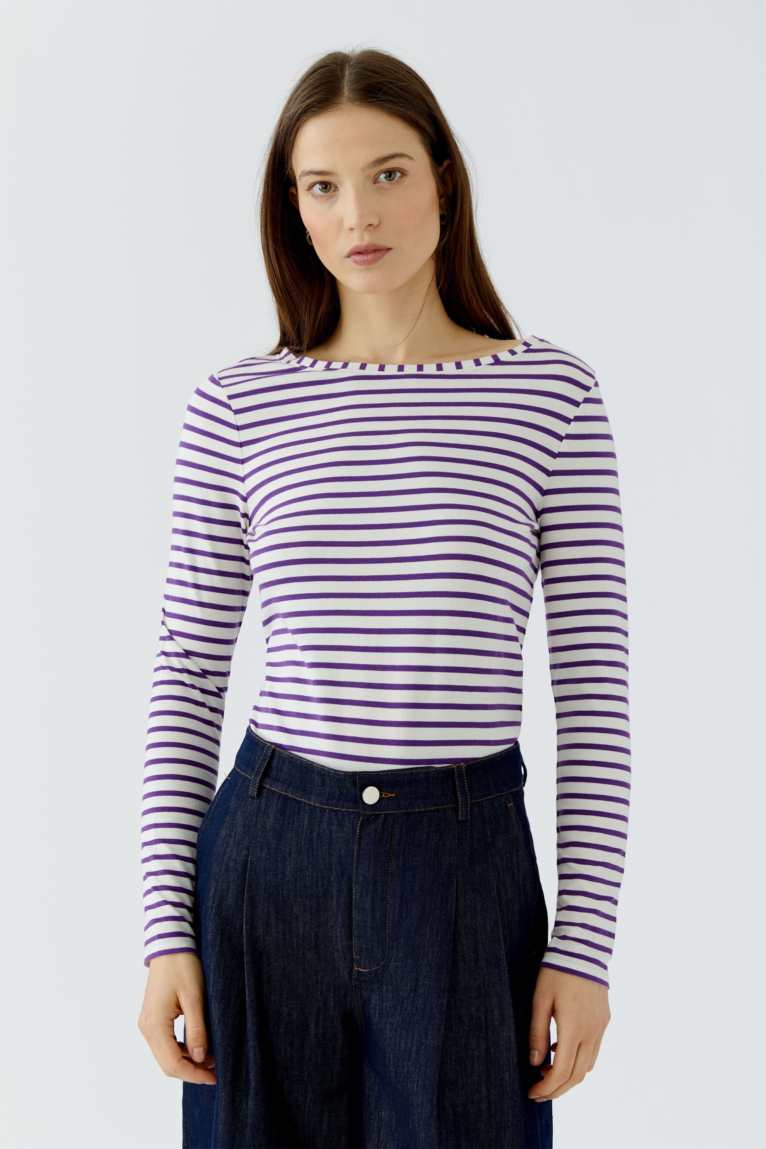 Oui Sumiko purple and white striped long sleeve top front view