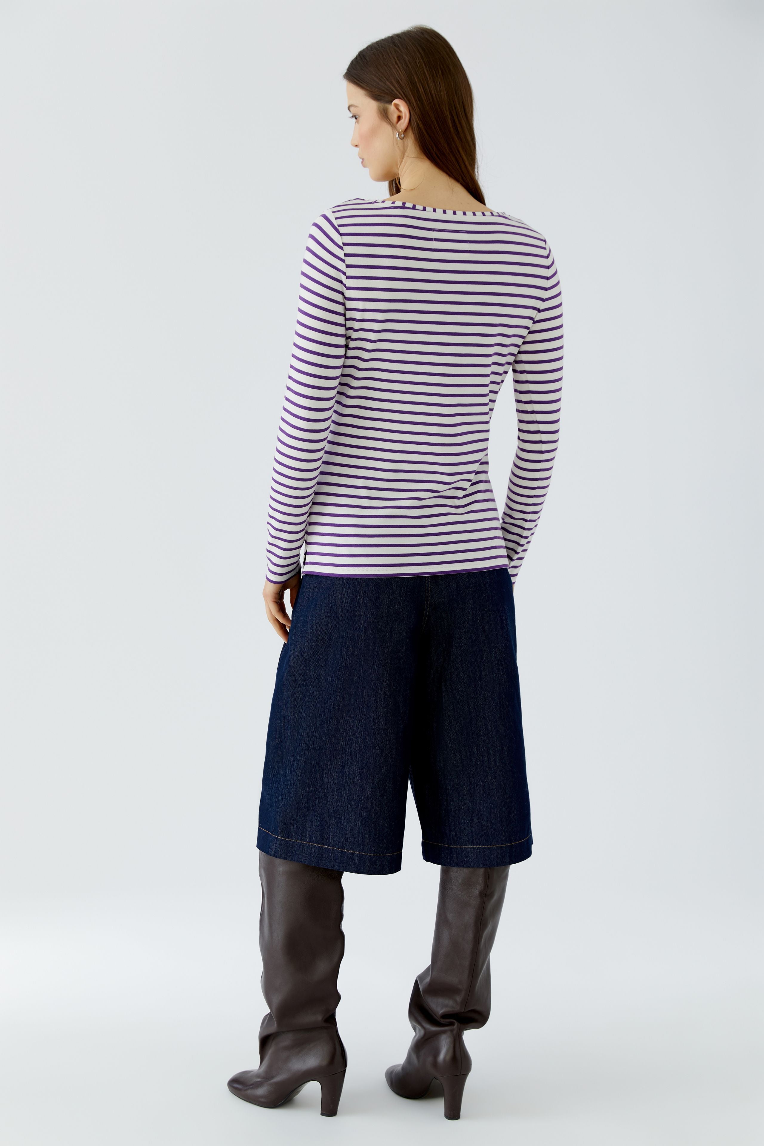 Oui striped round neck top back view on model