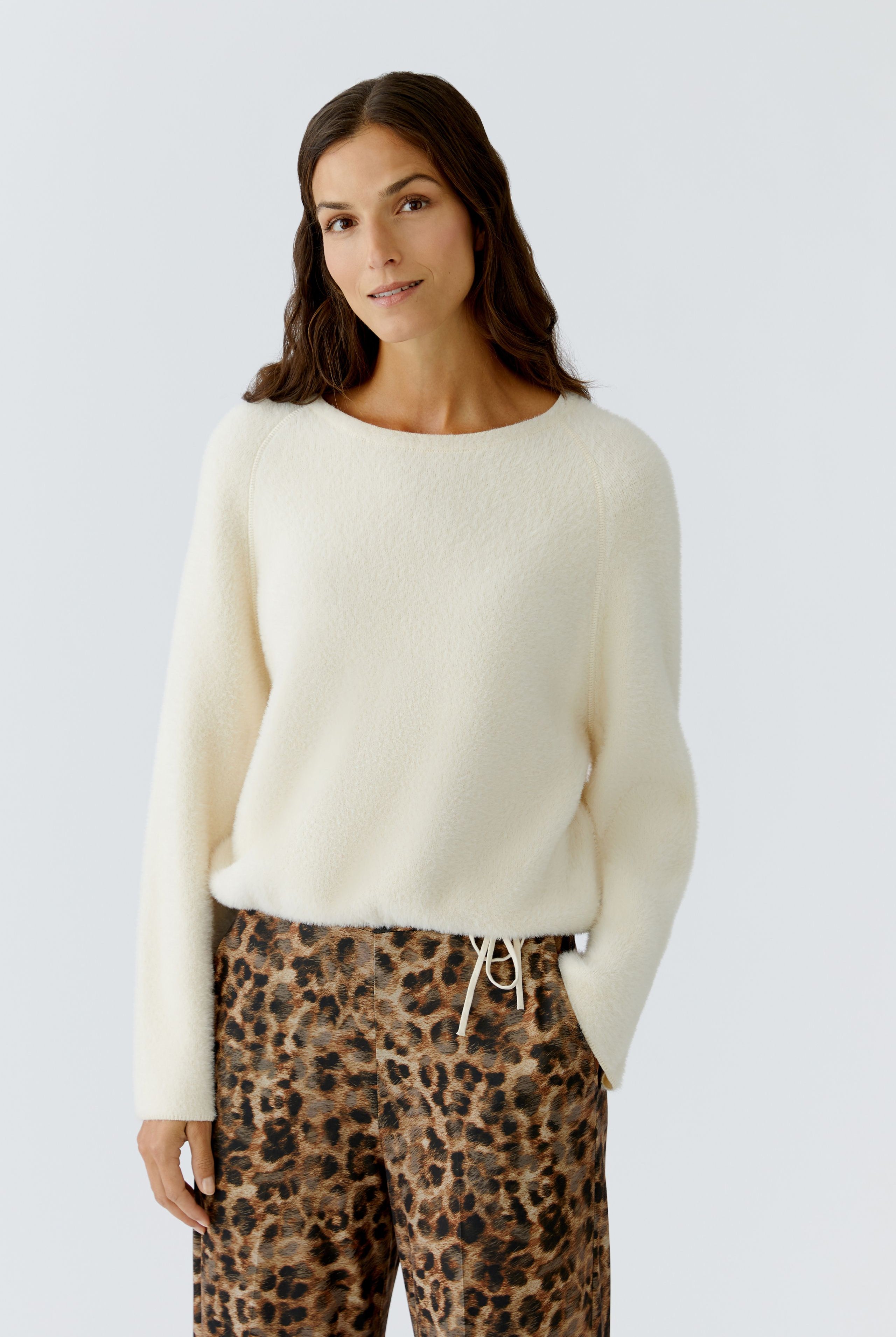 Oui ecru bouclé crew-neck warm jumper, studio packshot, front.