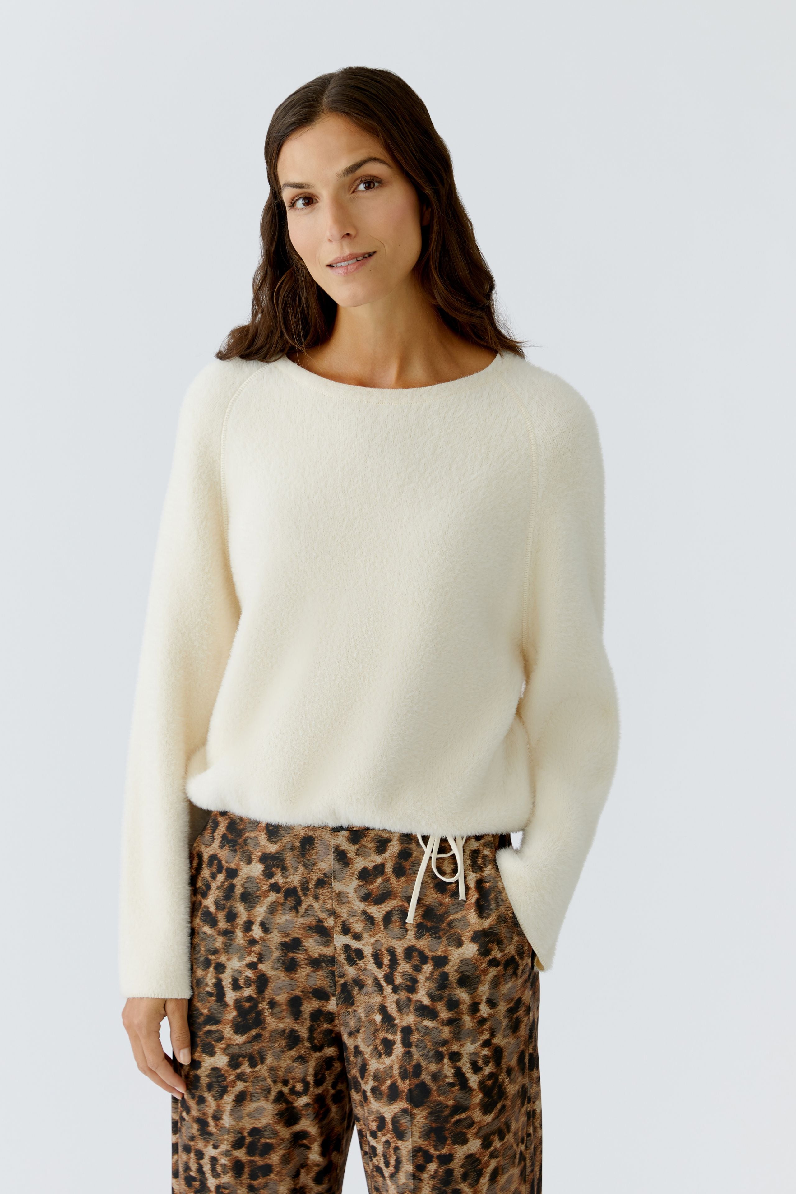 Oui ecru bouclé crew-neck warm jumper, studio packshot, front.