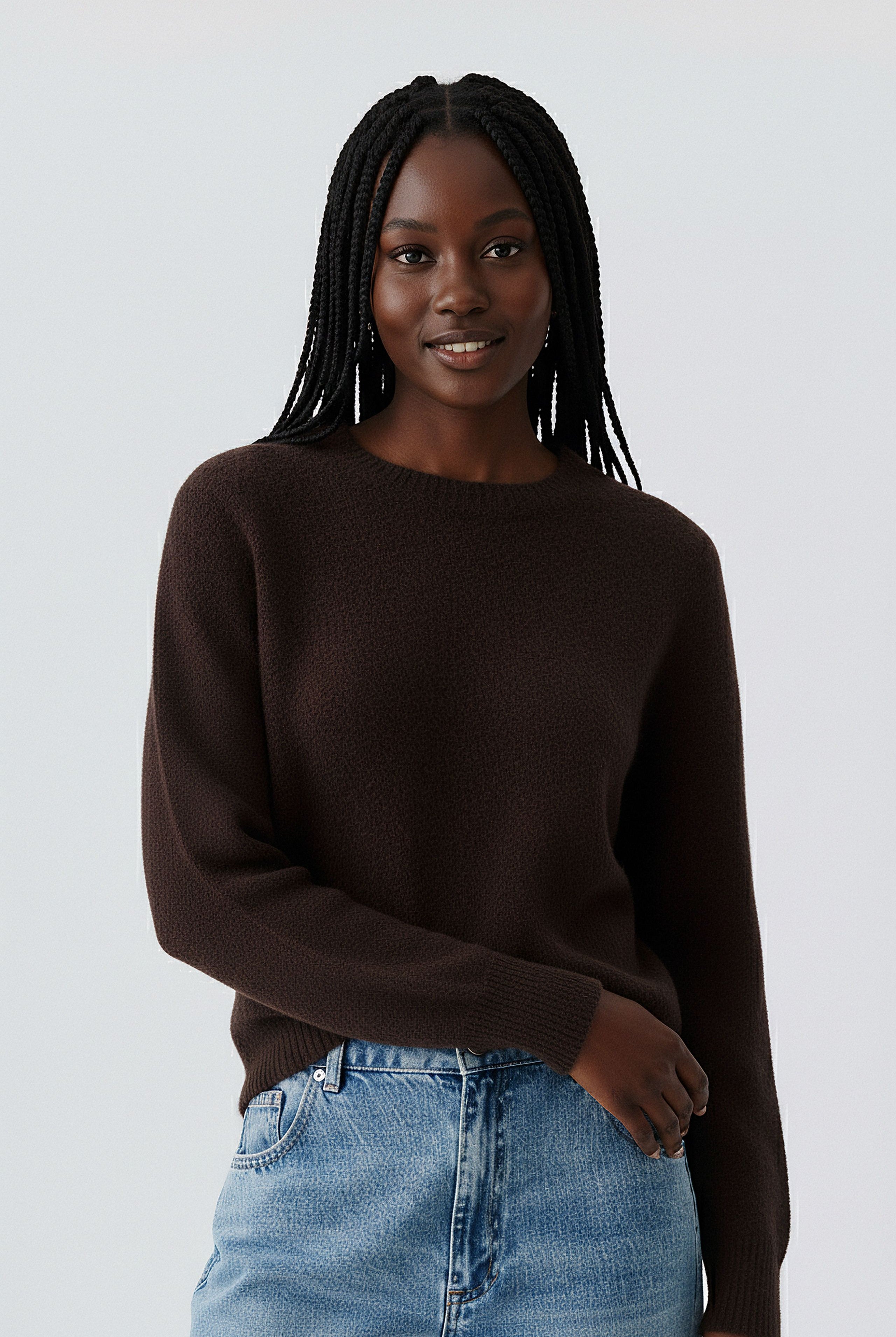 Oui cropped alpaca-blend brown jumper styled with light denim jeans