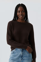 Oui cropped alpaca-blend brown jumper styled with light denim jeans