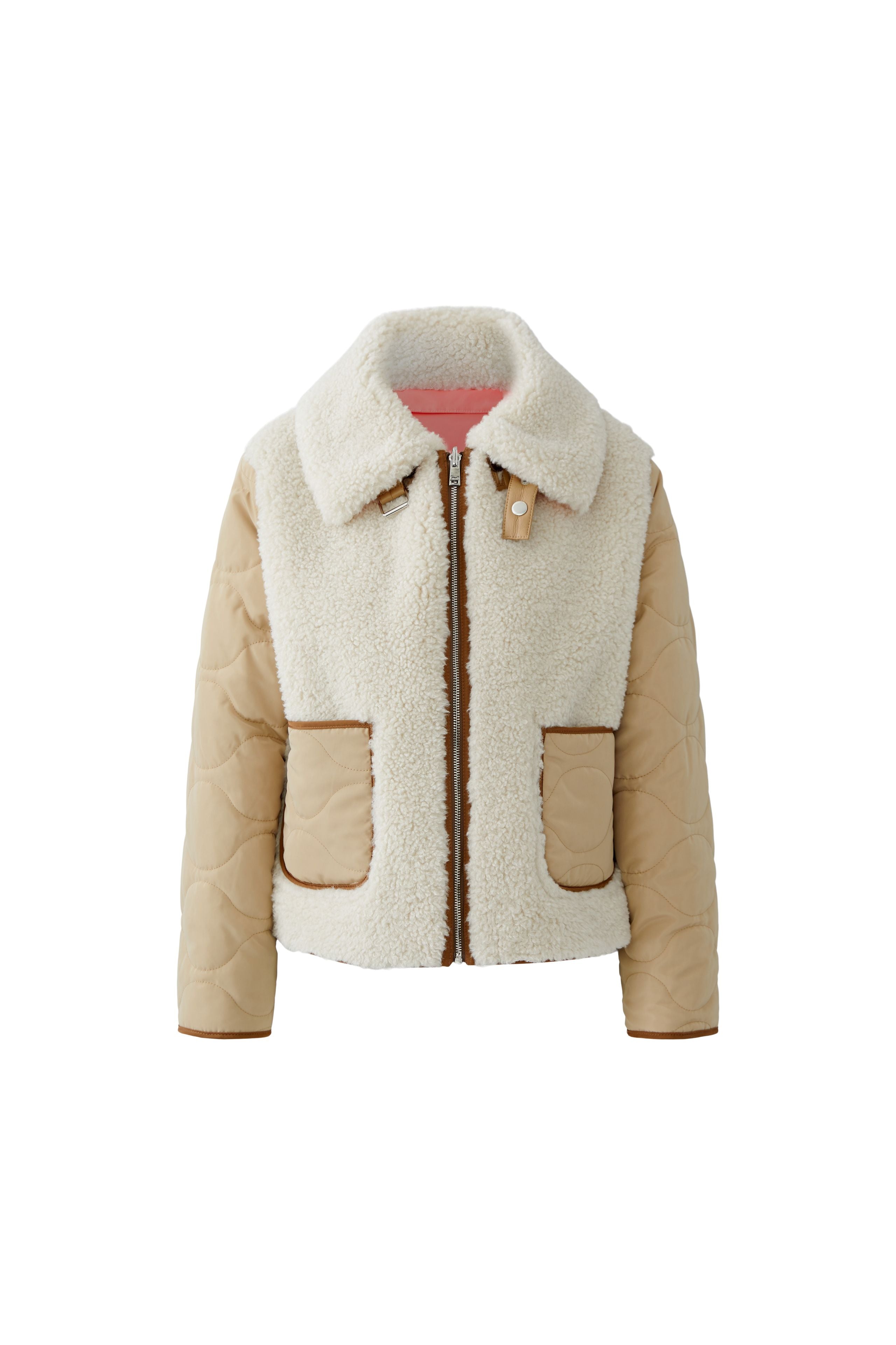 Oui reversible women’s jacket with camel faux-leather side with camel quilted sleeves and cream collar tab - pack shot