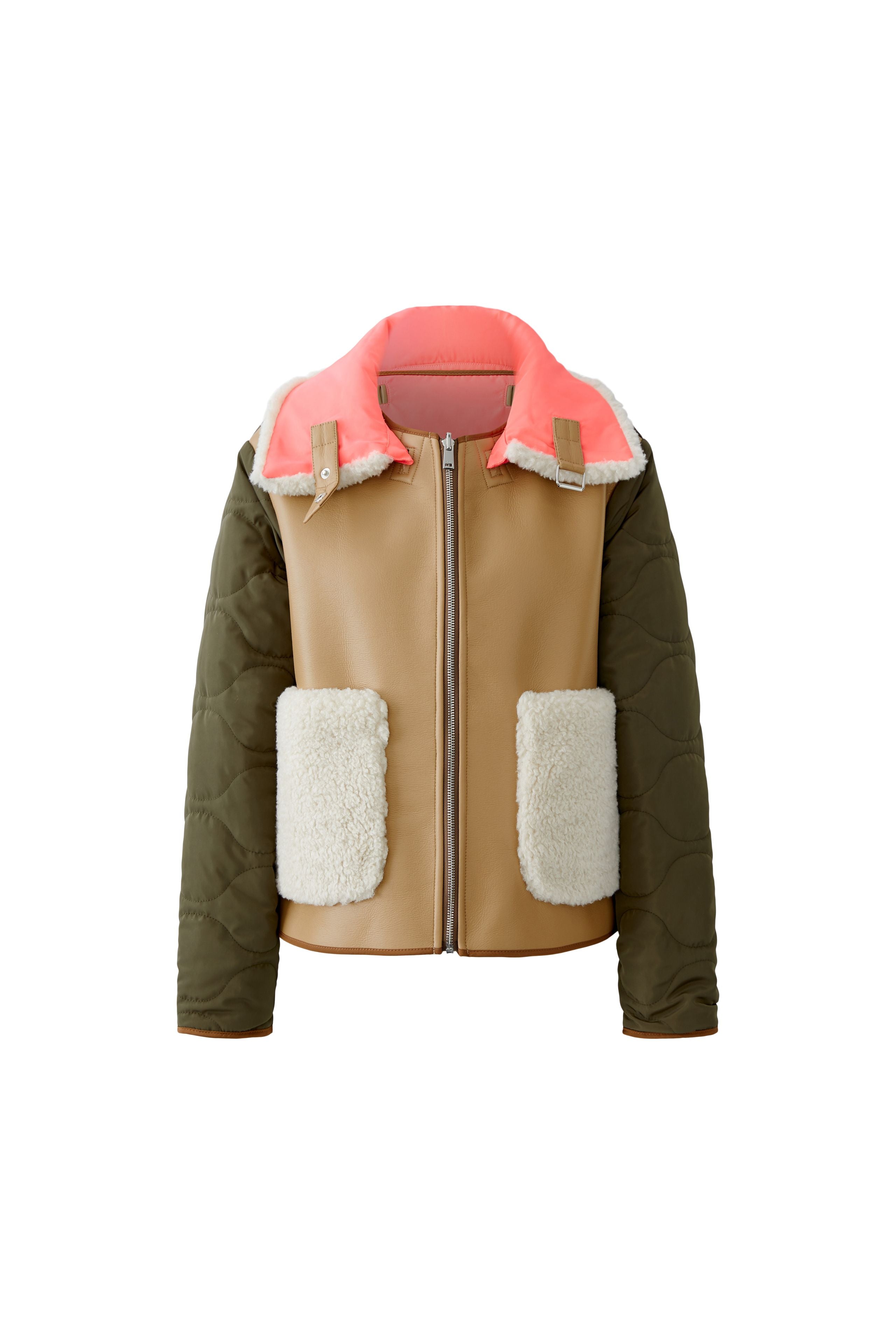 Oui reversible jacket — lifestyle image, tan side open to show shearling reverse.