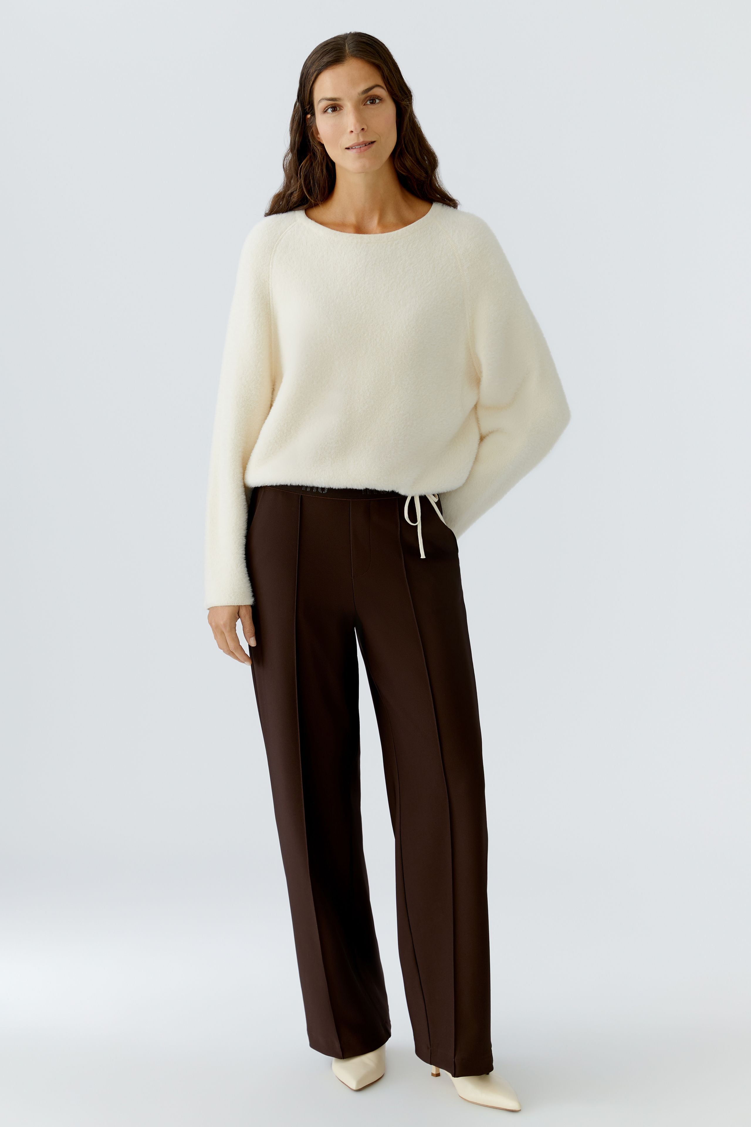 Oui brown technical jersey trousers — front view, straight-le