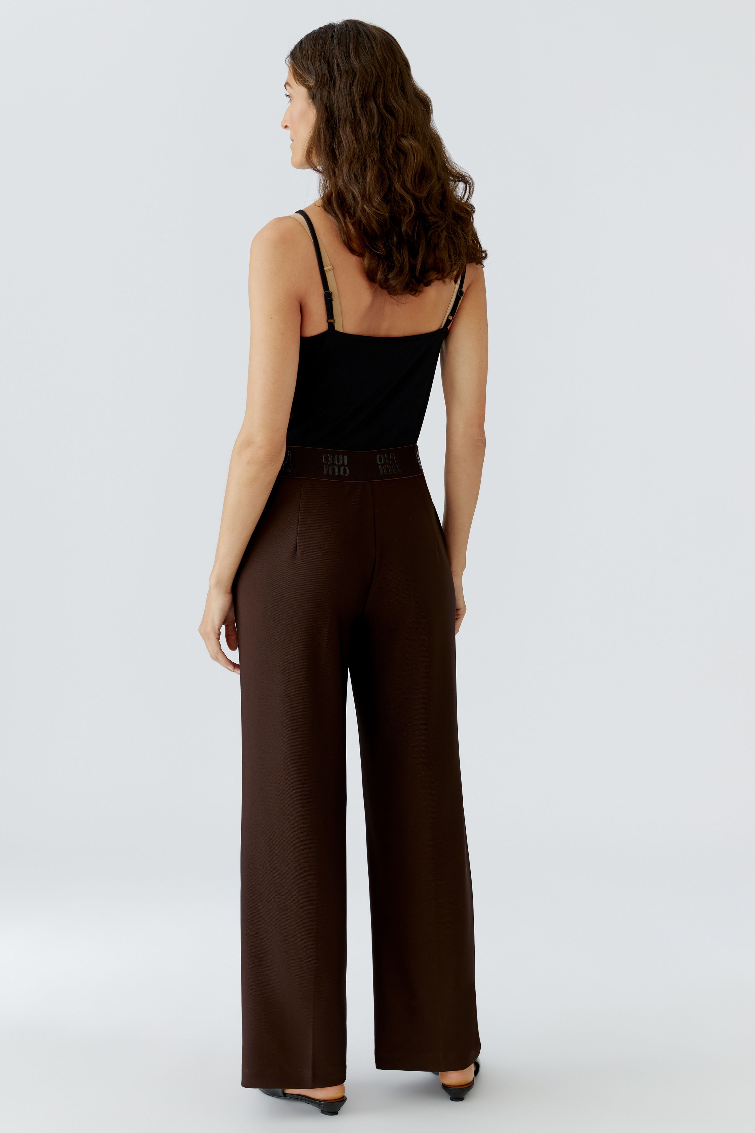 Oui brown technical jersey trousers — back view, straight-leg