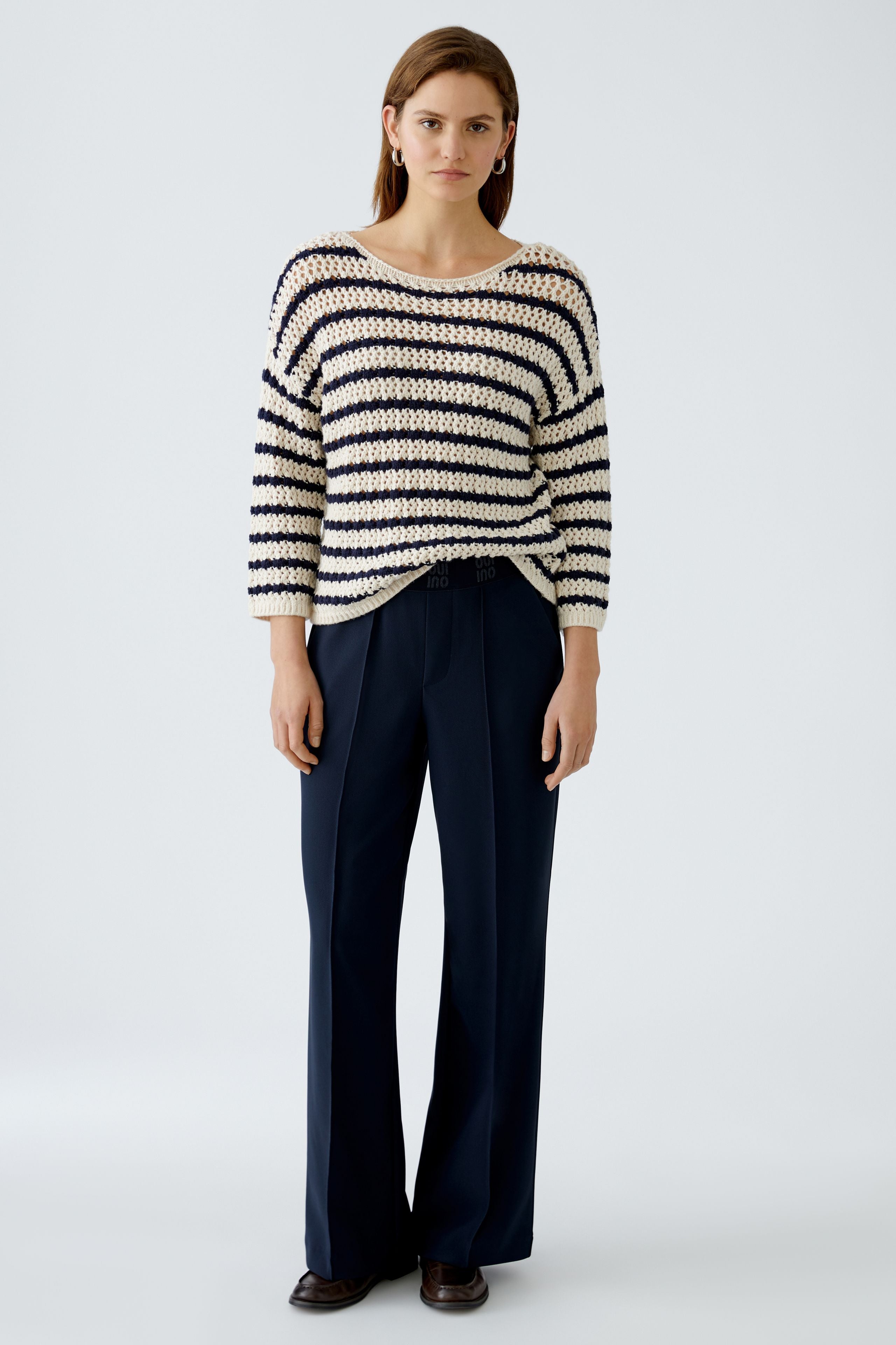 Oui navy technical pull on jersey trousers — front view on model