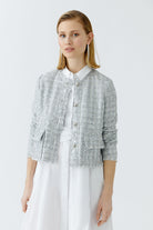 Oui silver sequin cropped bouclé jacket with fringe trim