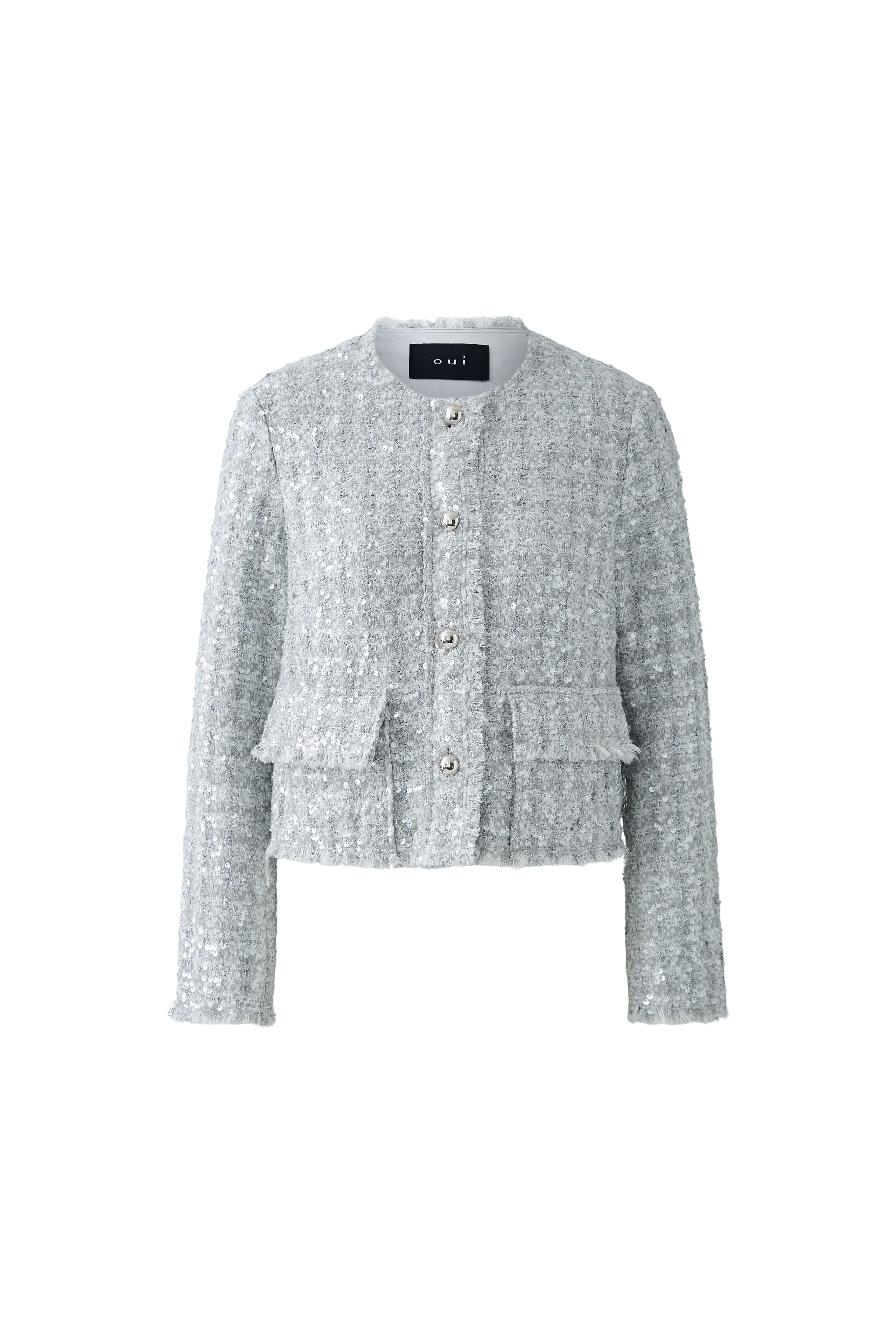 Oui party-ready silver bouclé jacket with shimmer finish