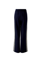 Flat lay of Oui navy trousers showing full wide-leg silhouette and double side stripes