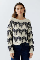 Oui Off-White Fringe Trim Jumper three-quarter view on model