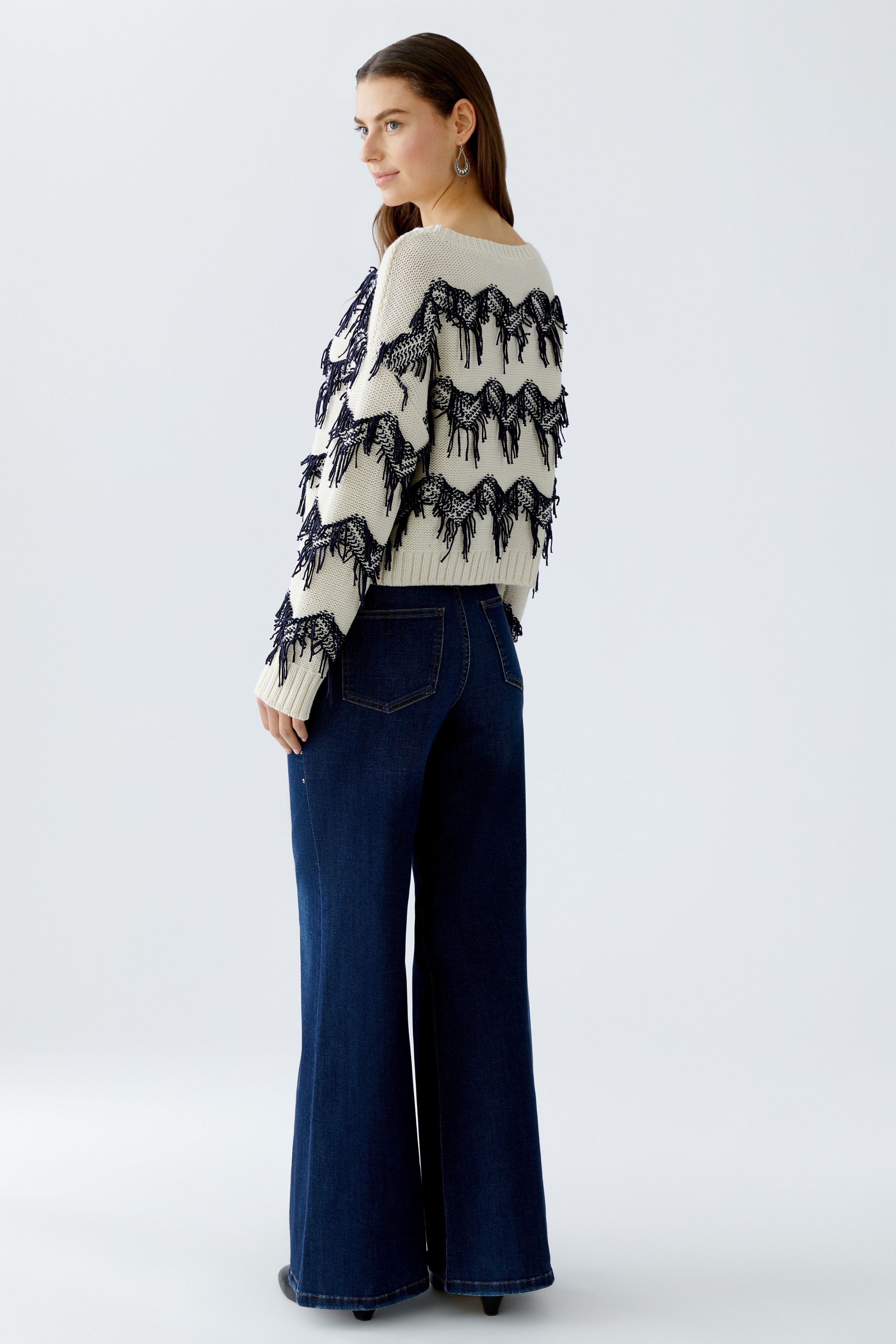 Oui Cream Fringe Trim Knitter Jumper back view on model