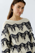 Oui Off-White Fringe Trim Jumper side detail showing hand-cut fringe