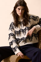 Oui Off-White Fringe Trim Jumper seated editorial shot