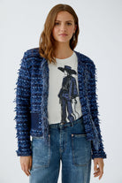 Oui Boucle Style Fringed Jacket front view on model wearing white cowboy tee and jeans